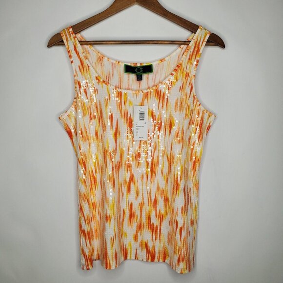 C. Wonder Tops - C Wonder Womens Brushstrokes All Over Sequin Tank Top Size S Orange Pullover NWT